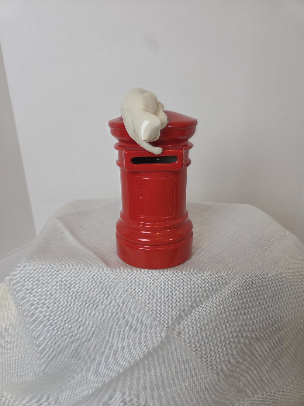 Vintage Cats Collection Red Ceramic Postbox Coin Bank with White Cat Accent
